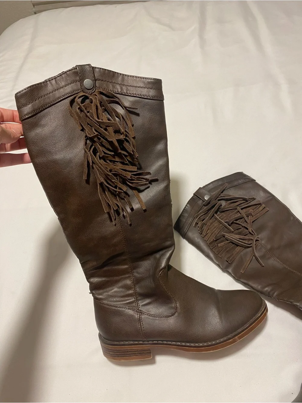 Women's Brown Fringe and Leather Tall Knee High Boots Southern Look